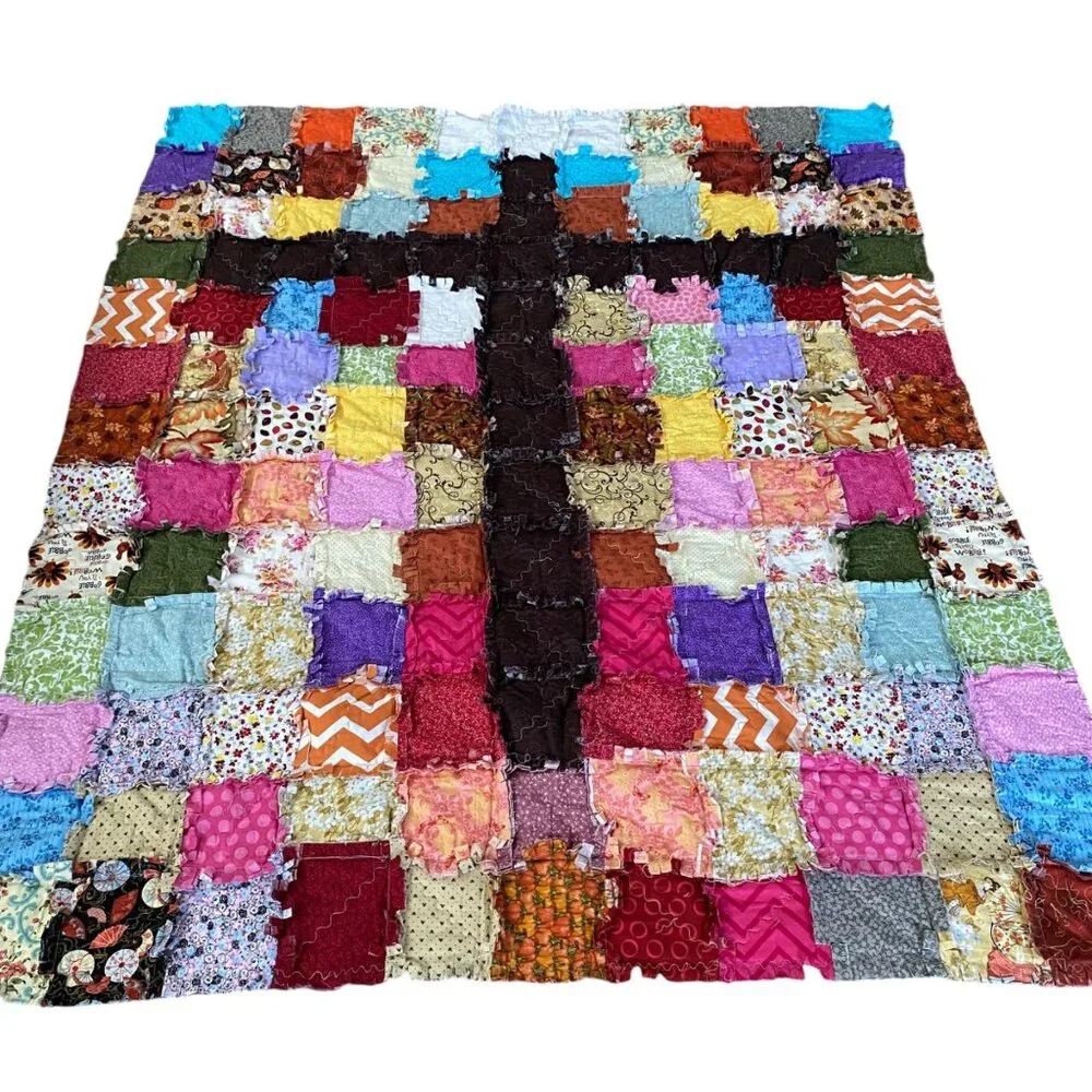Handmade Patchwork Rag Quilt Multicolor Cross Design Shaggy Cotton Blanket 51x60
